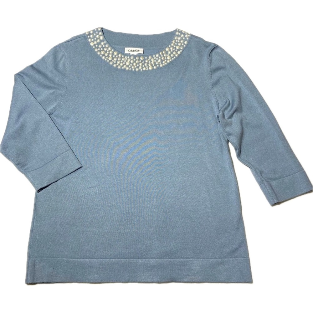 Calvin Klein Slate Blue Sweater. Faux Pearl Neckline. 3/4 Sleeves. LG.  Like New